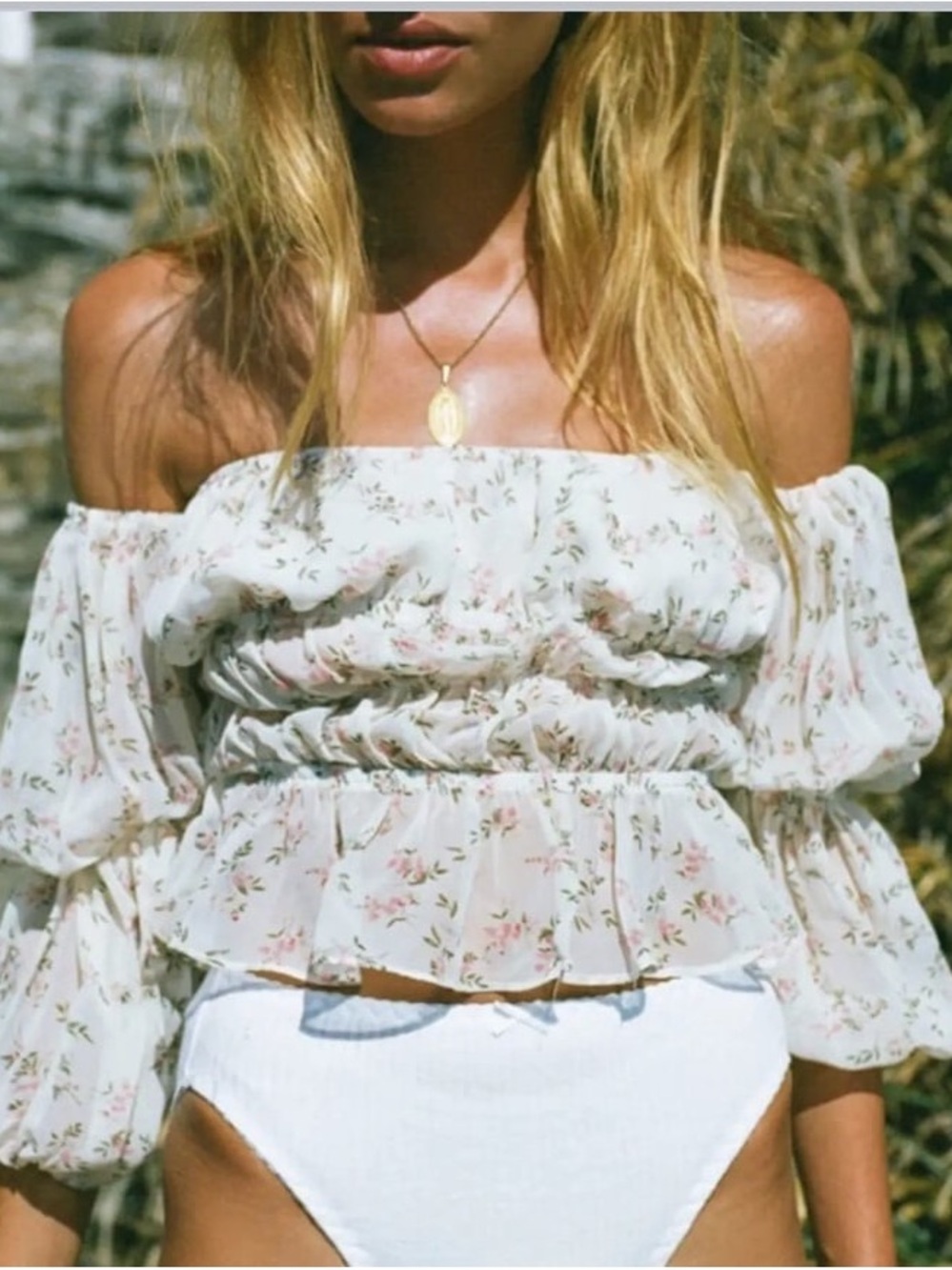 Sabo Skirt Cream Floral Off-Shoulder Peplum Blouse
